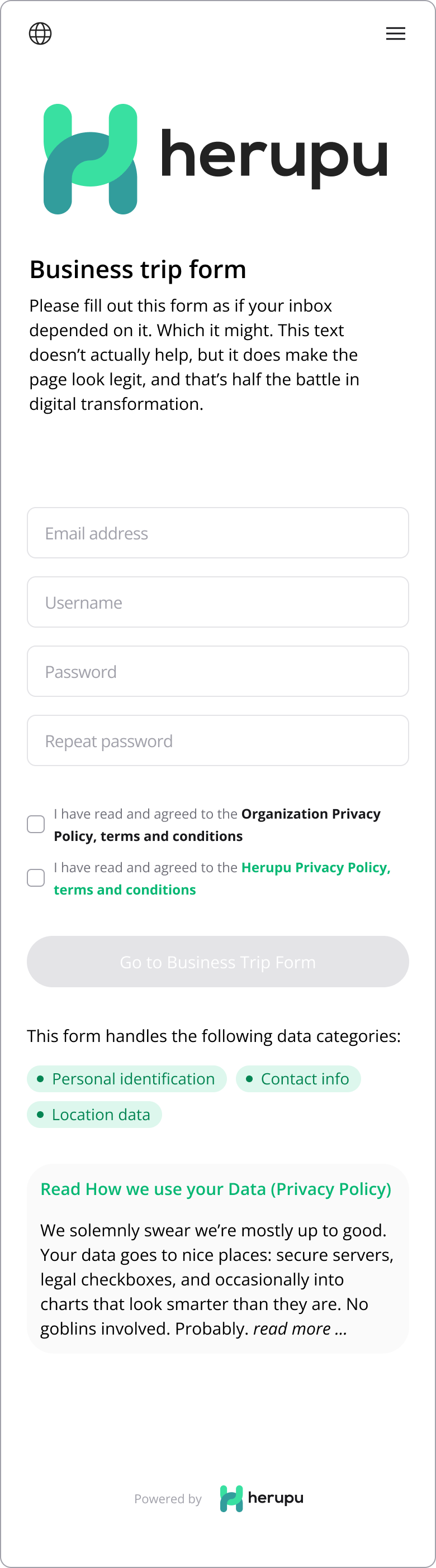 Mobile interface of a Herupu-powered secure online form titled "Business trip form", with login fields and privacy-focused data categories.