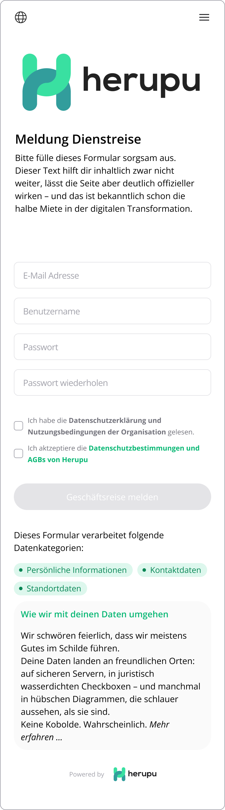 Mobile interface of a Herupu-powered secure online form titled "Business trip form", with login fields and privacy-focused data categories.